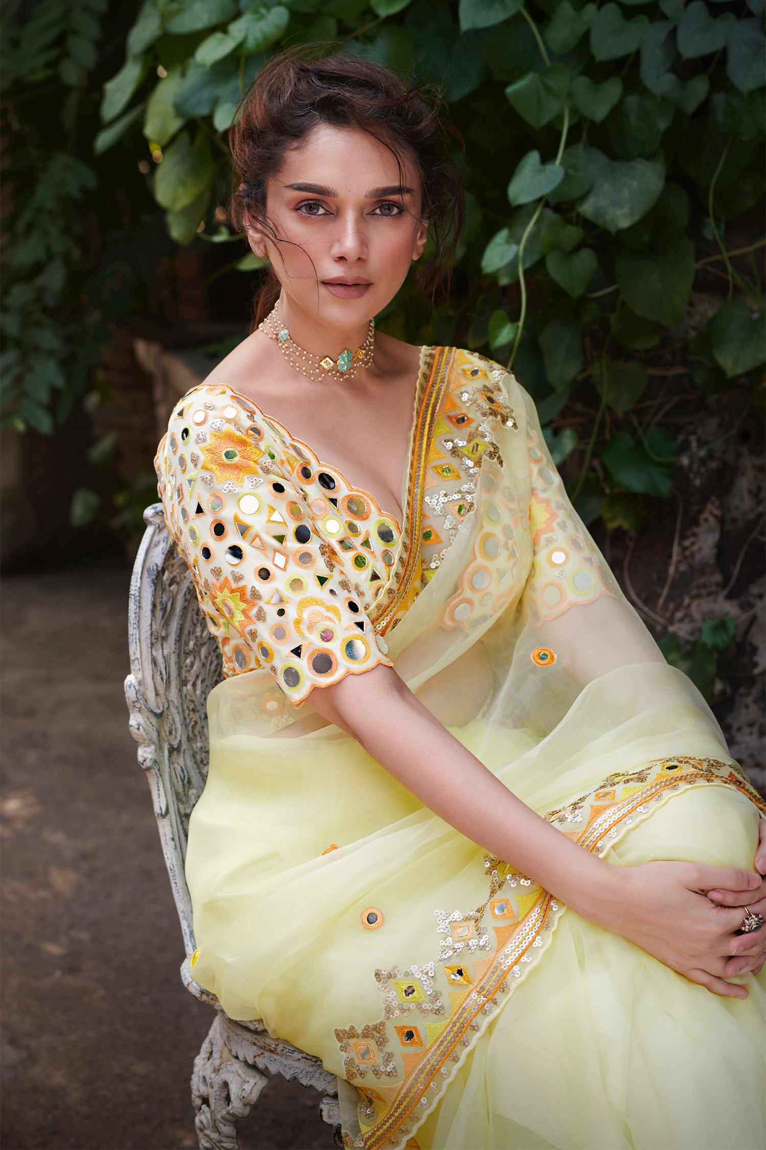 Gopi Vaid Yellow Priyal Embroidered Saree And Blouse Set