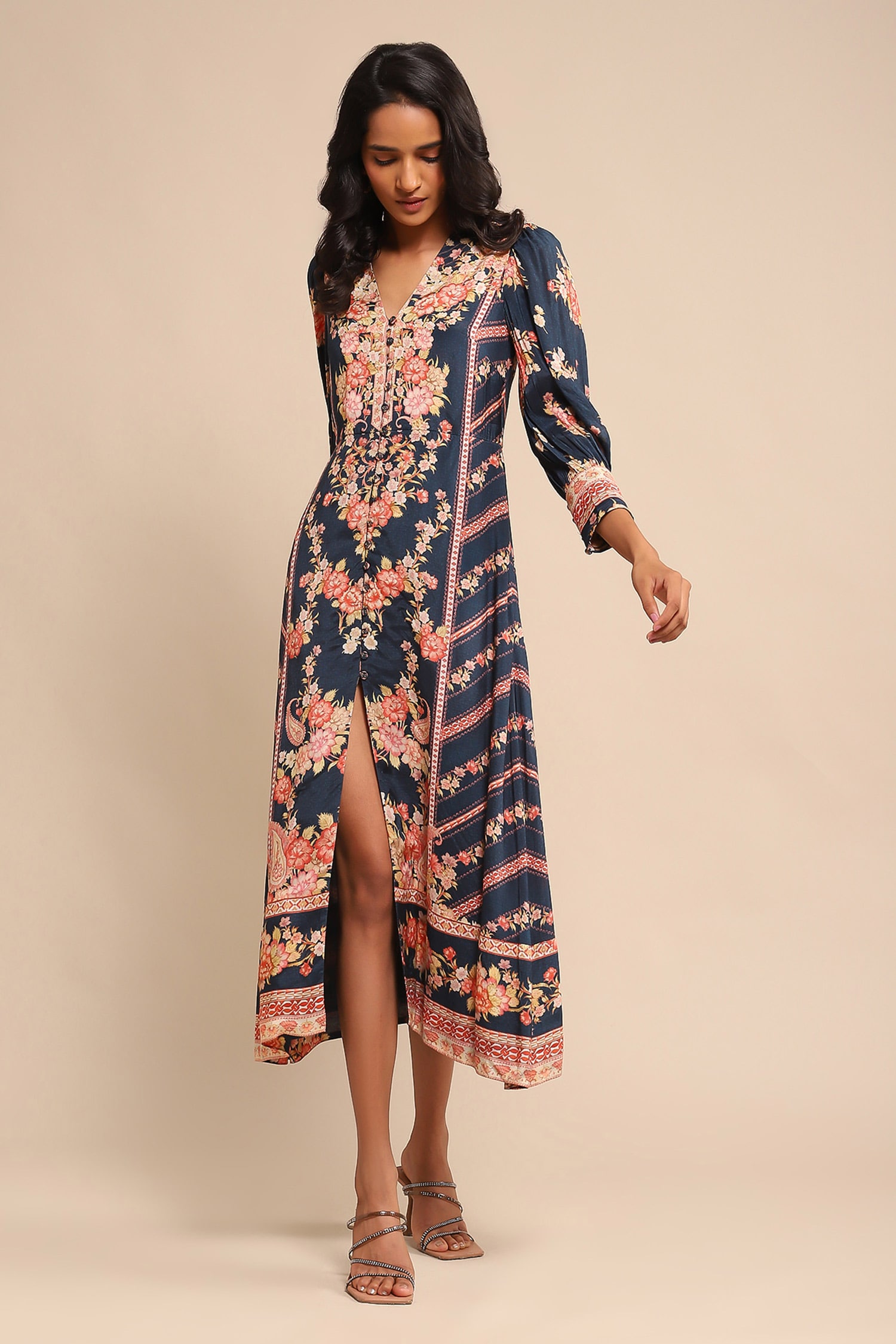 Buy Ritu Kumar Blue Viscose Floral Print Front Slit Dress Online | Aza ...