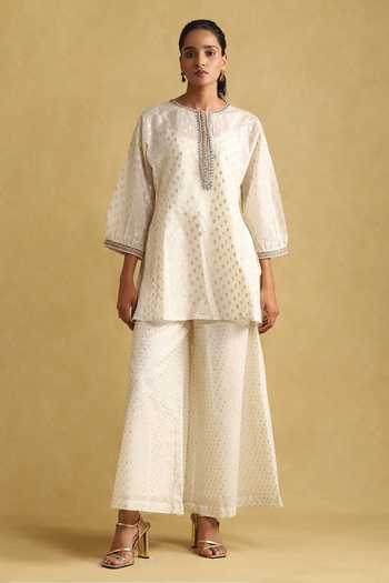 Off White Floral Printed Lace Cotton Straight Kurta with Palazzo Co-ord Set