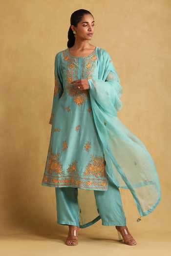 Sky Blue Floral Hand Embroidered Kurta And Pant Set main image 0