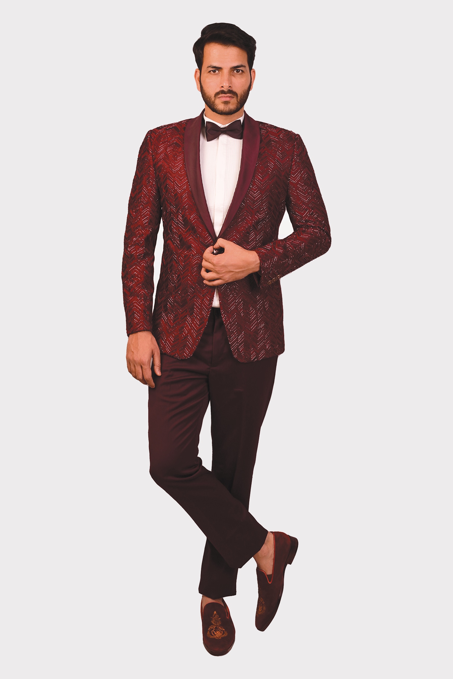 Buy Maroon Cotton Silk Embroidered Chevron Thread Tuxedo With Pant For ...