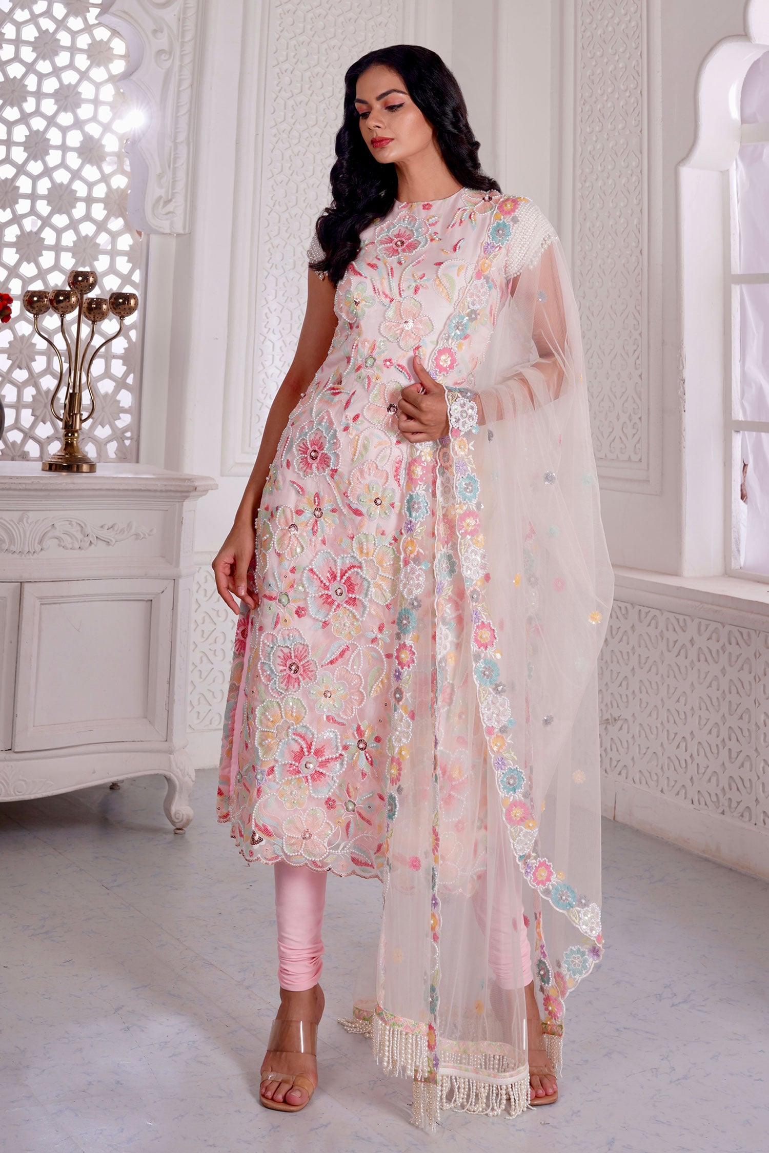Label Priyanka Kar Pink Net Hand Embroidered Kurta Pant Set