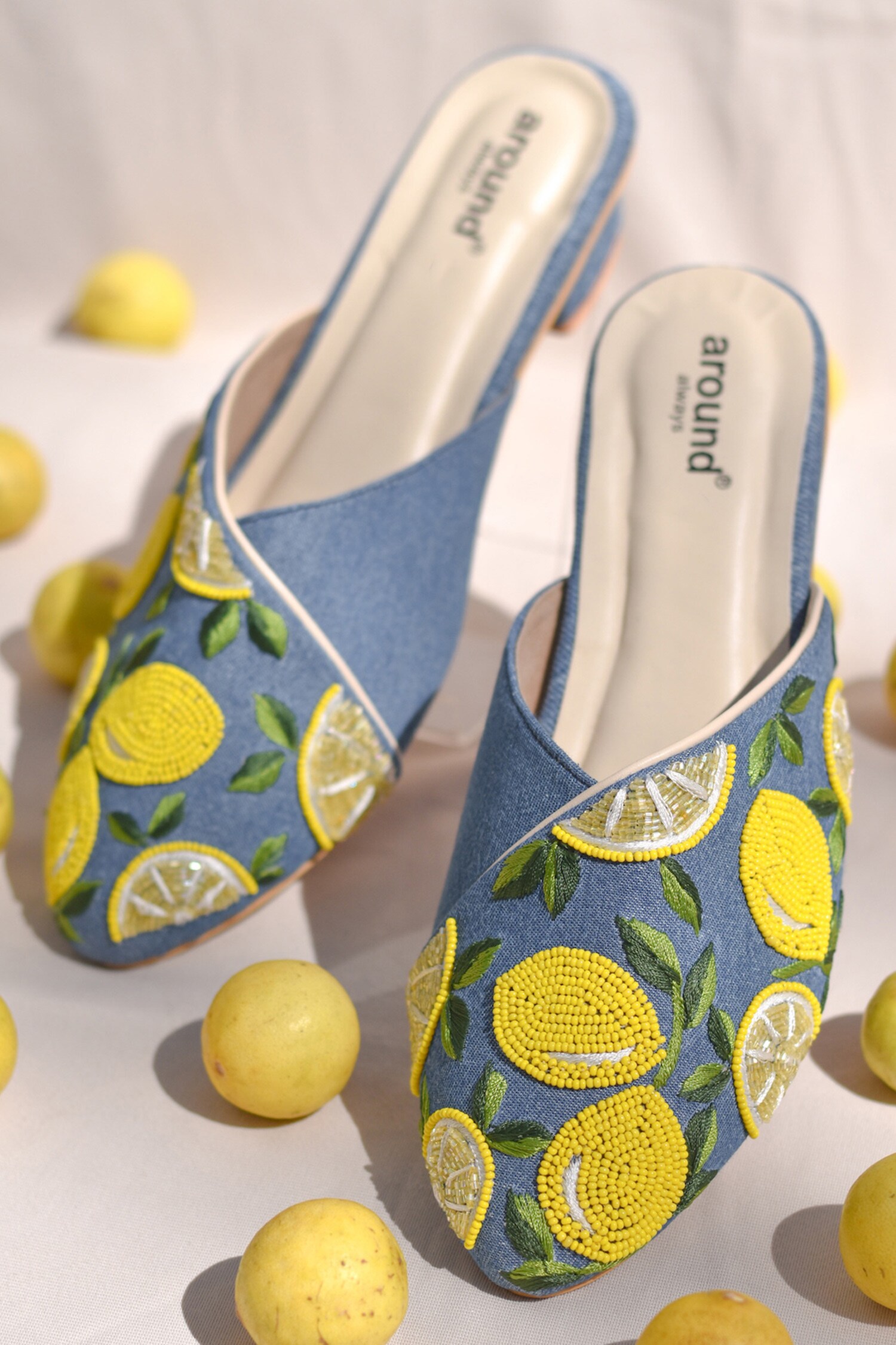 Buy Around Always Blue Denim Lime Bead Embroidered Mules Online Aza Fashions