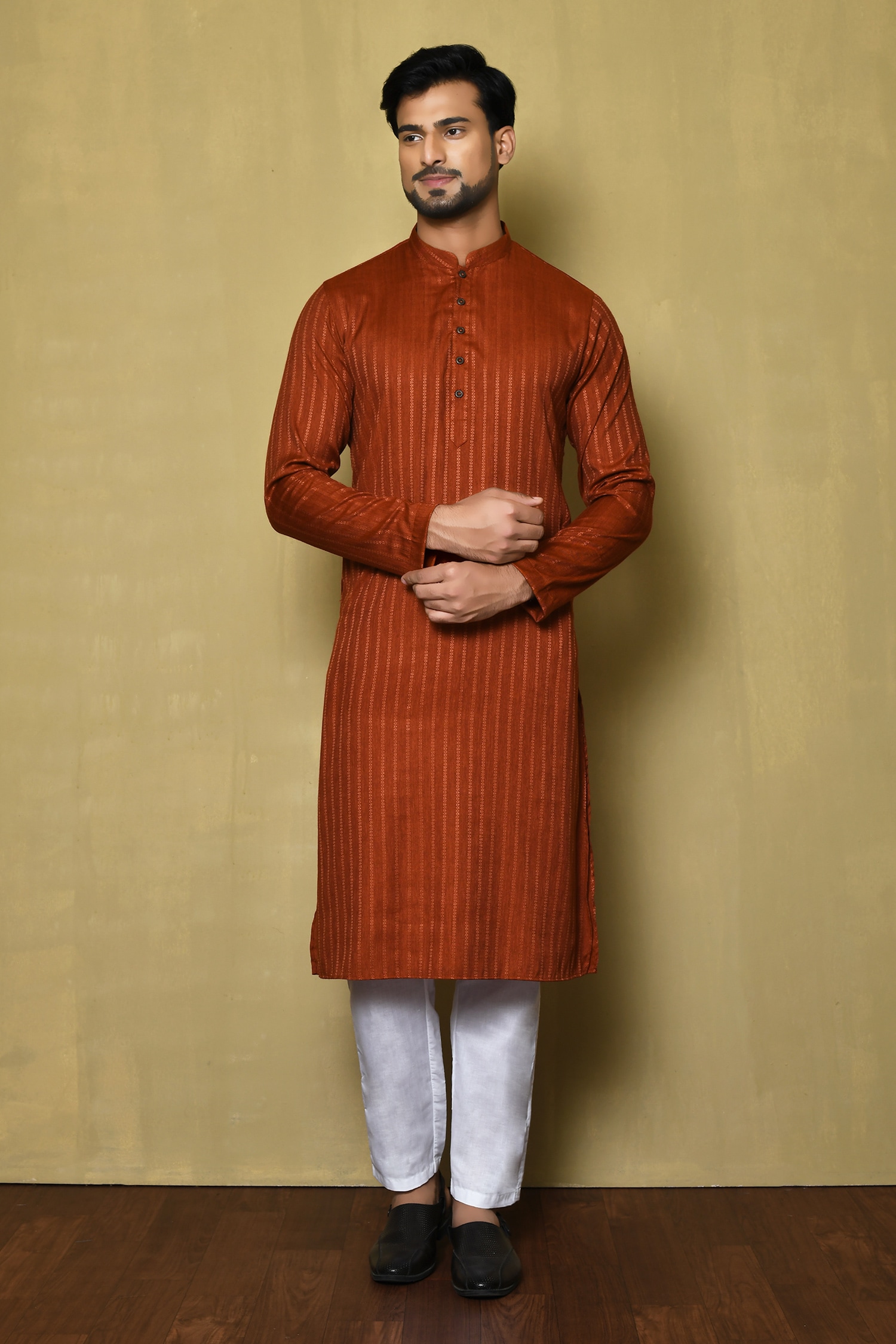 Arihant Rai Sinha Orange Jacquard Silk Woven Stripe Full Sleeve Pattern Kurta For Men