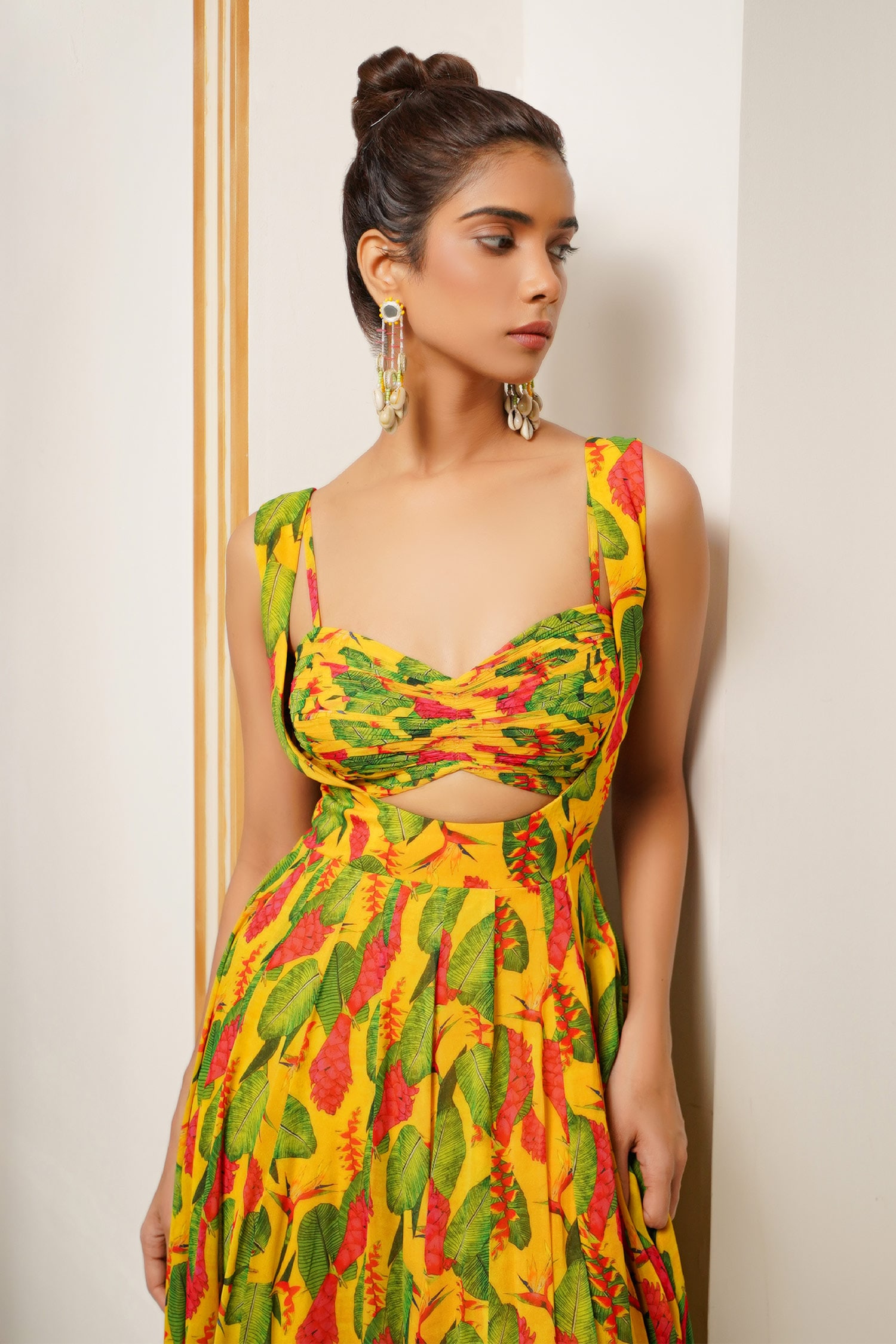 Buy Yellow Heavy Georgette Printed Floral High Slit Maxi Dress For