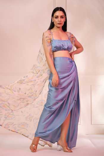Mira: Silk stripe tissue Choga set- Mango