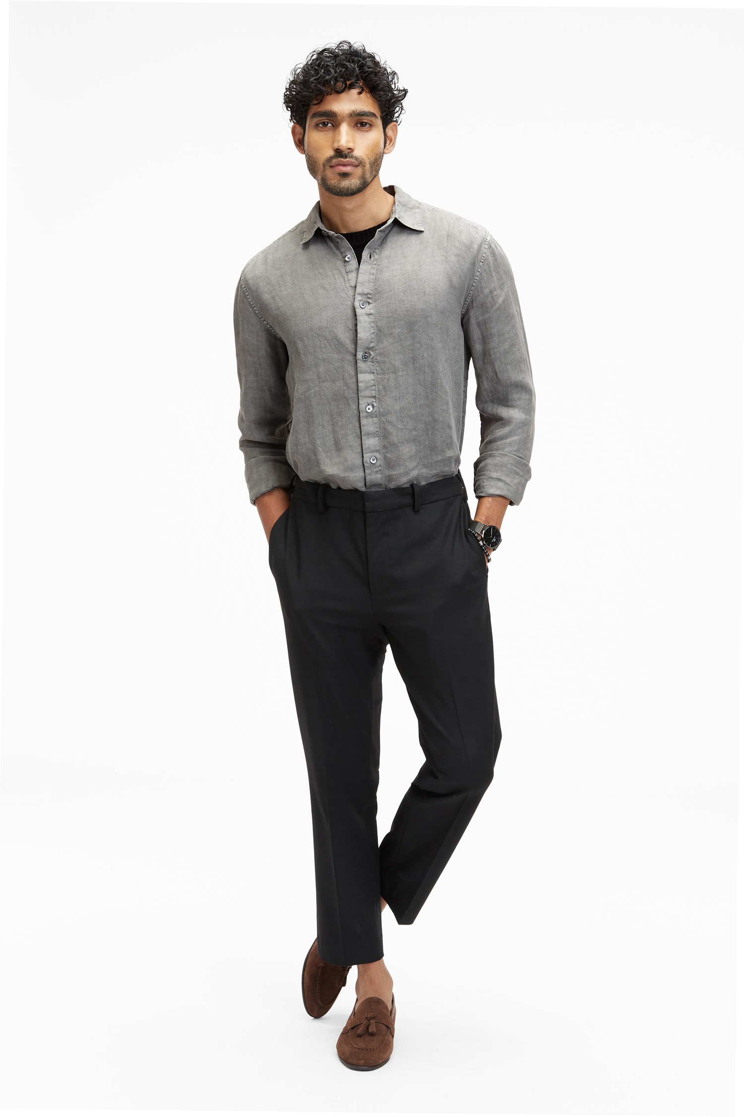 Terra Luna Grey 100% Linen Coda Button Down Shirt For Men