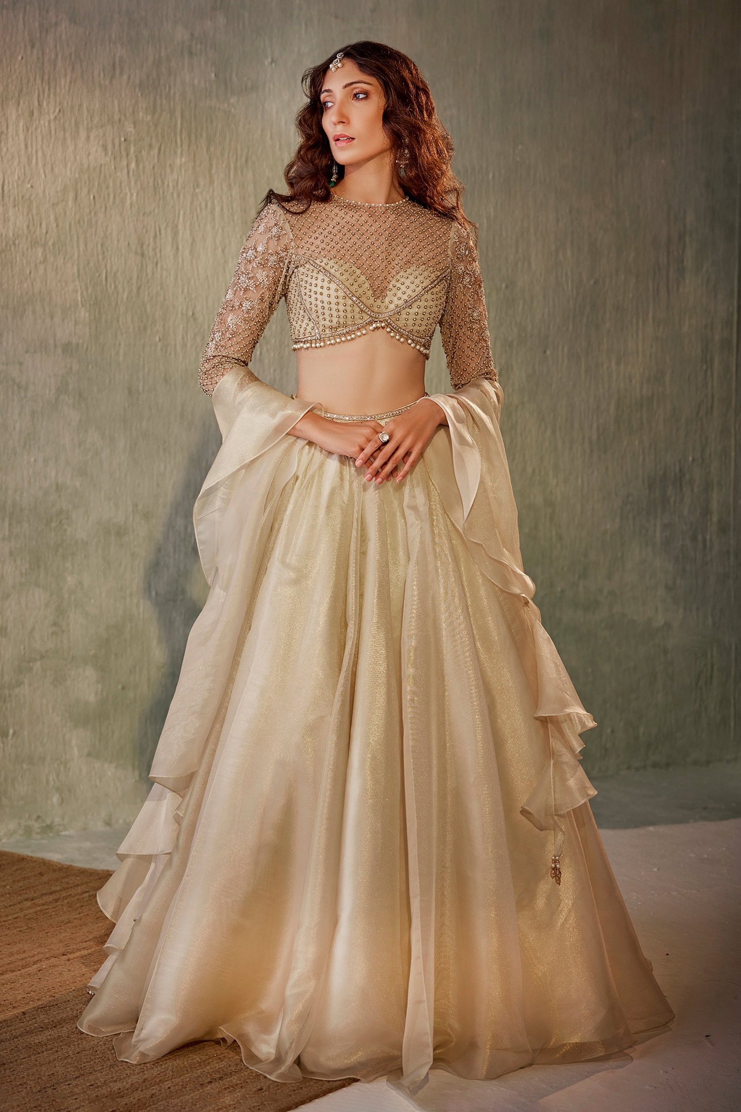 Buy Ivory Organza Embroidered Pearl Embellished Sheer Blouse Lehenga