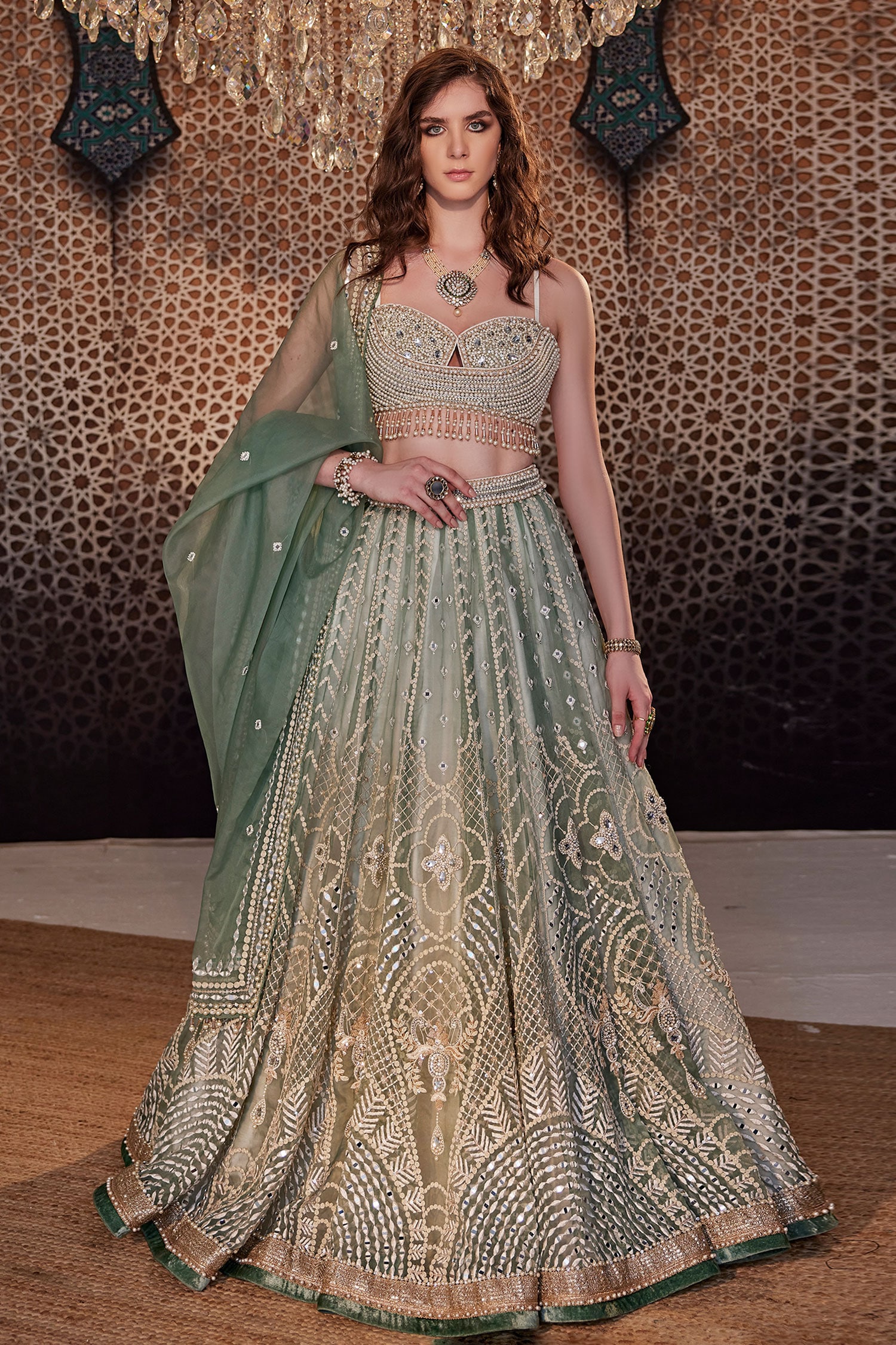 Buy Green Organza Embroidered Hand Embellished Bridal Lehenga Set For