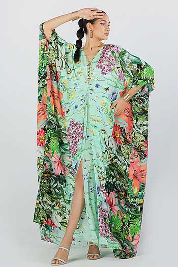 Buy Limerick by Abirr N' Nanki Blue Crepe Arela Floral Pattern Kaftan ...