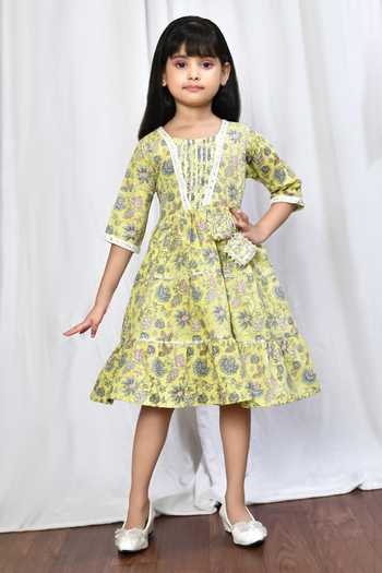 Campana Girls Crystal 100% Cotton Dress with Belt - Flower Doodle Print - Light Blue