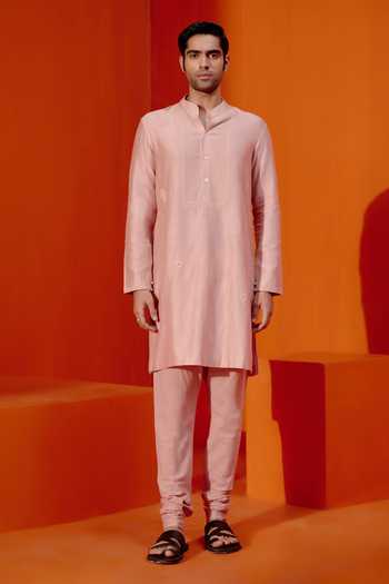 Pink Navratri Special Men's Readymade Kurta Churidar With Machine Embroidery Patch Work Lace Work