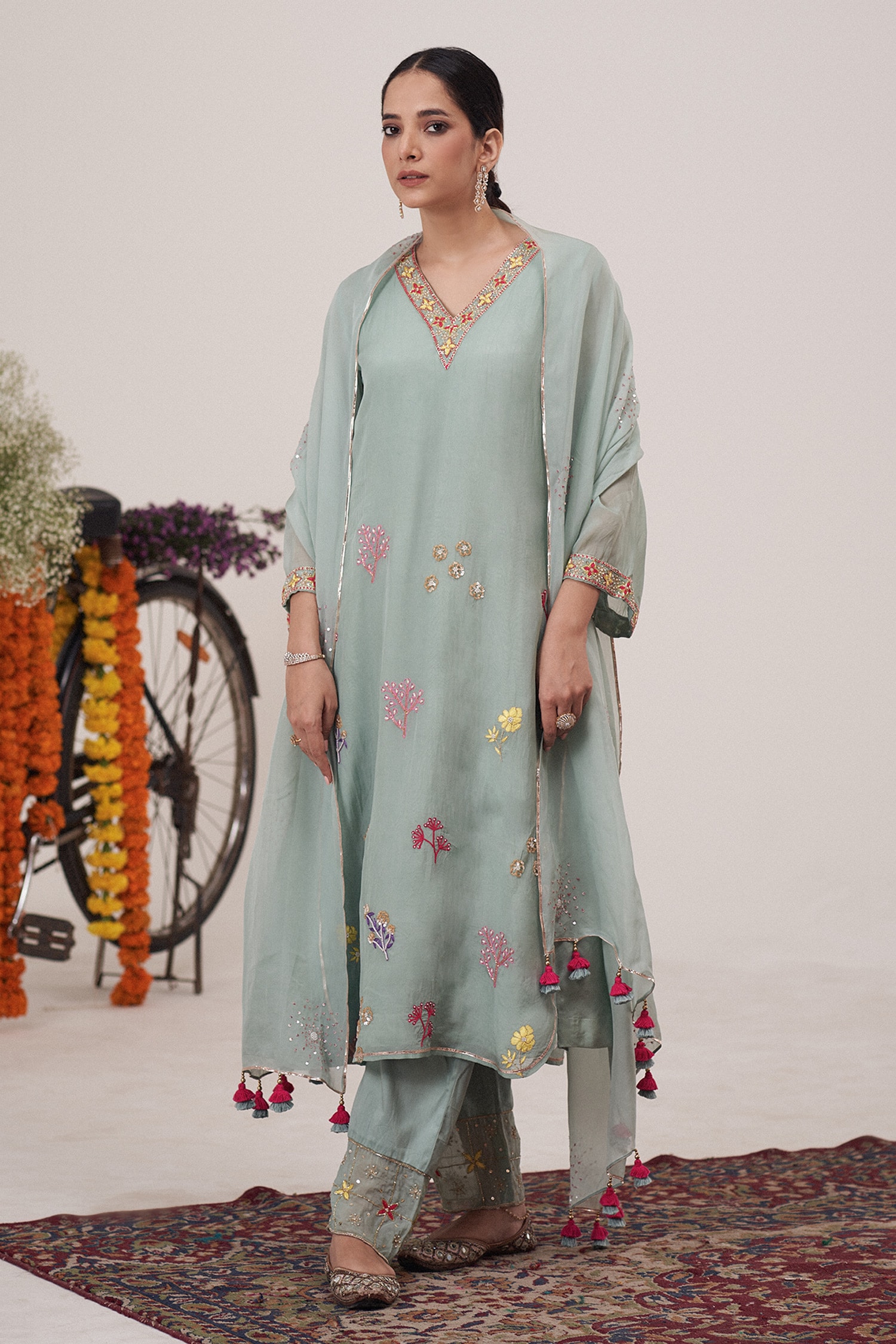 Buy Blue Kurta: Gajji Silk Embroidery Sequin Floral Garden Work Pant ...