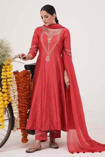 Zaheen Short Anarkali Set in Red with Aari Zardosi Handwork