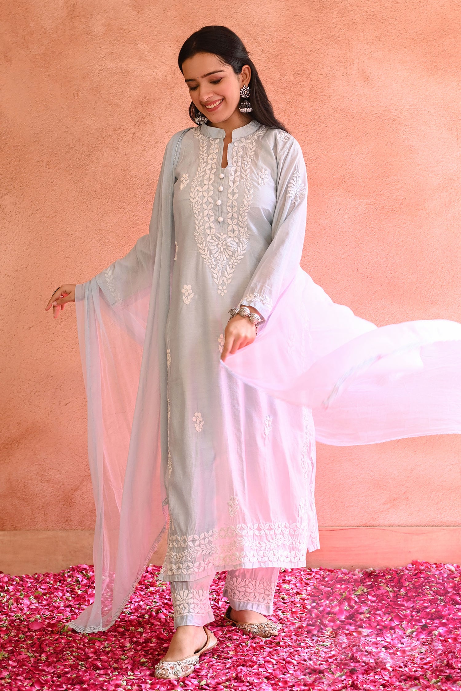 Buy House of Chikankari Blue Ifrah Chanderi Chikankari Embroidered