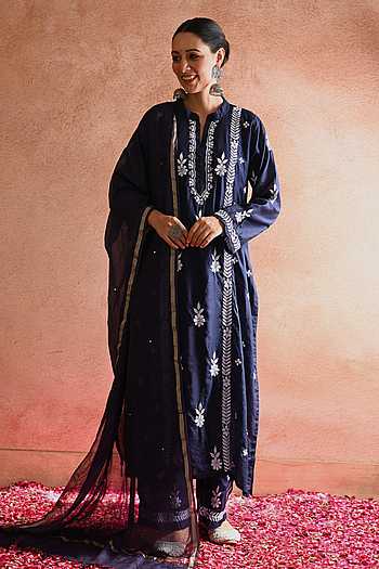 Buy House of Chikankari Blue Aabis Chanderi Chikankari Embroidered ...