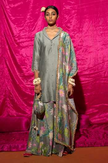 Off-White and Black Floral Printed Chanderi Short Kurta and Sharara Set with Dupatta main image 0