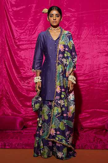 Women Purple Chanderi Sequin & Thread Embroidered Kurta with Pant & Embroidered Dupatta