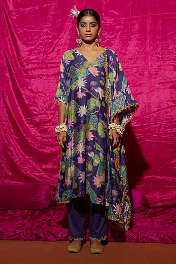 Purple - Chanderi Silk Bagru Print Kurta Set 01