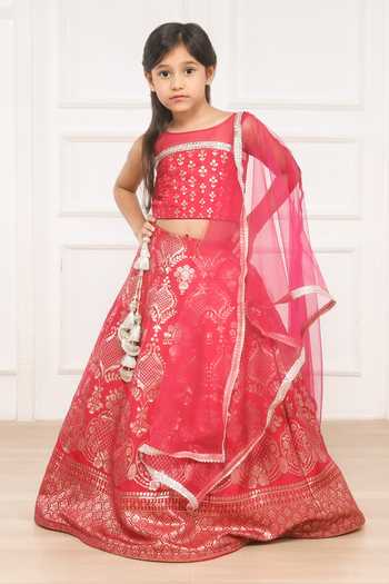 Girls Pink Lotus Print Lehenga Set with Wrap-Style Blouse.?? main image 0