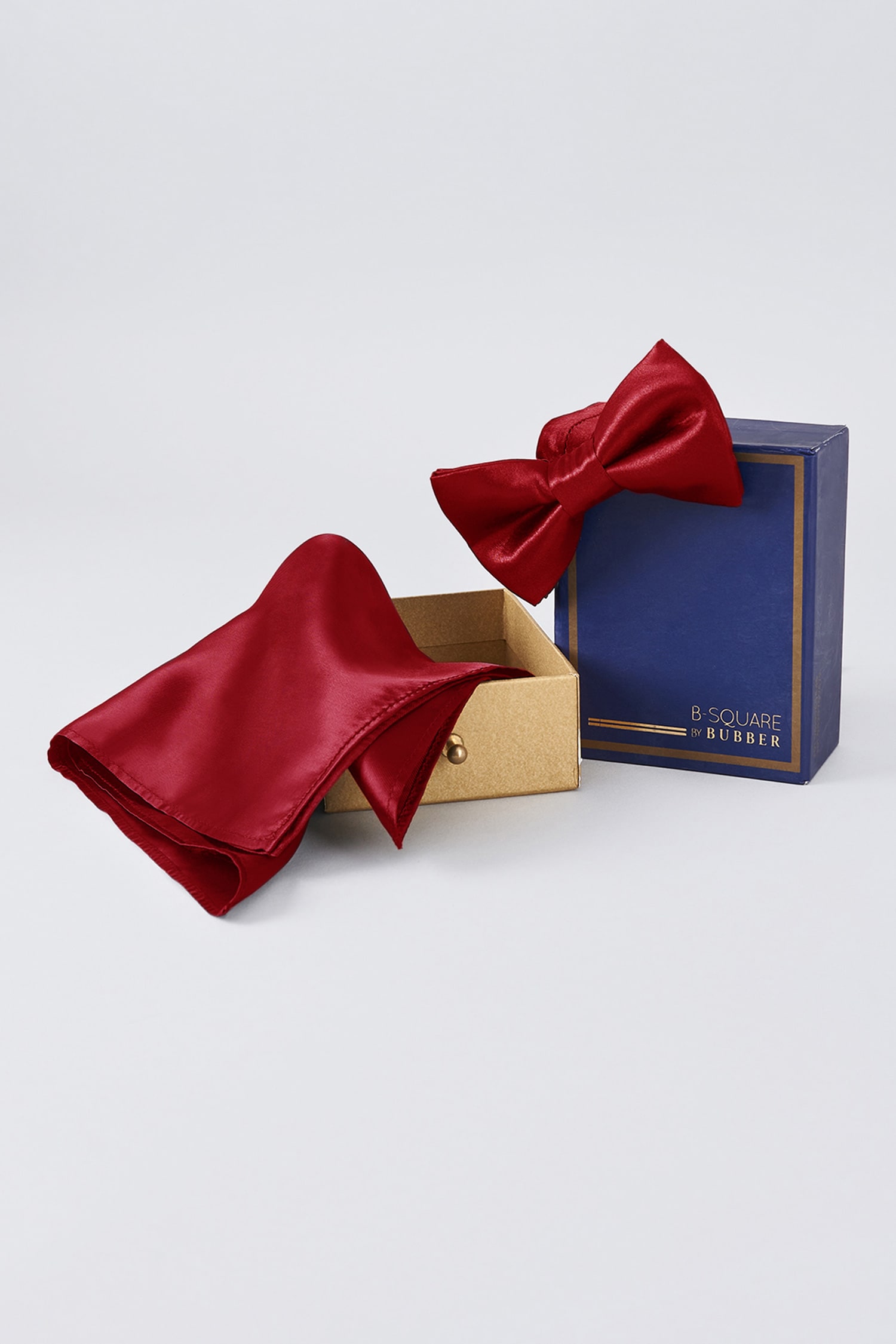 Bubber Couture Red Plain Crimson Satin Bow Tie And Pocket Square Set