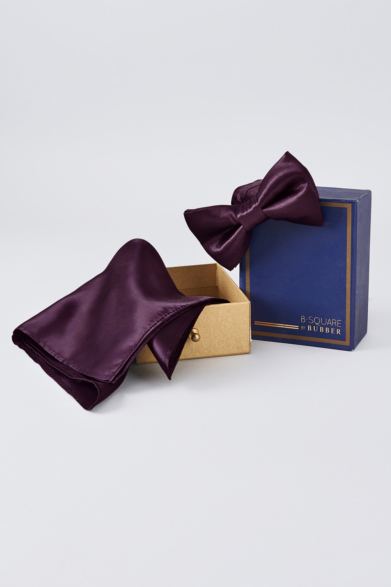 Bubber Couture Purple Plain Satin Bow Tie And Pocket Square Set