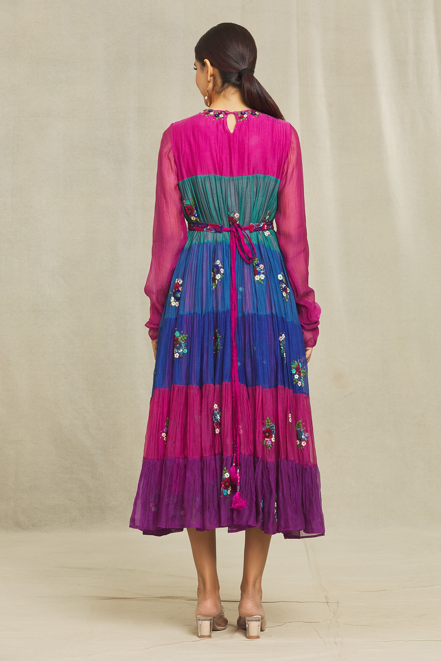 Bhusattva - Multi Color Organic Cotton Silk Hand Tiered Dress With Belt For  Women