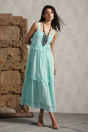 Sky Blue Cotton Dress Sky Blue Abstract Print Handloom Cotton A-Line Maxi  Dress