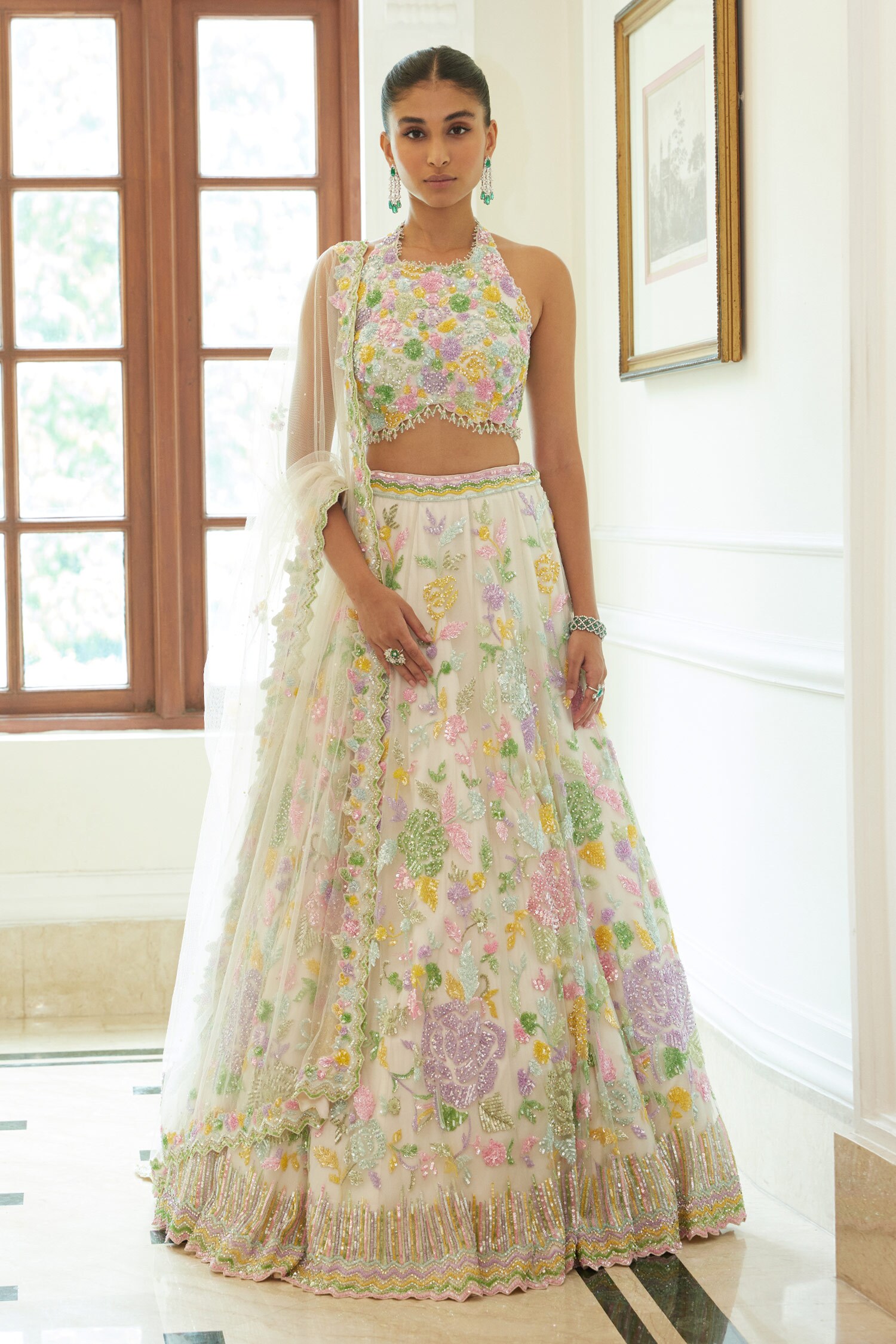 Buy Nitika Gujral Ivory Net Floral Applique Work Lehenga Set Online ...