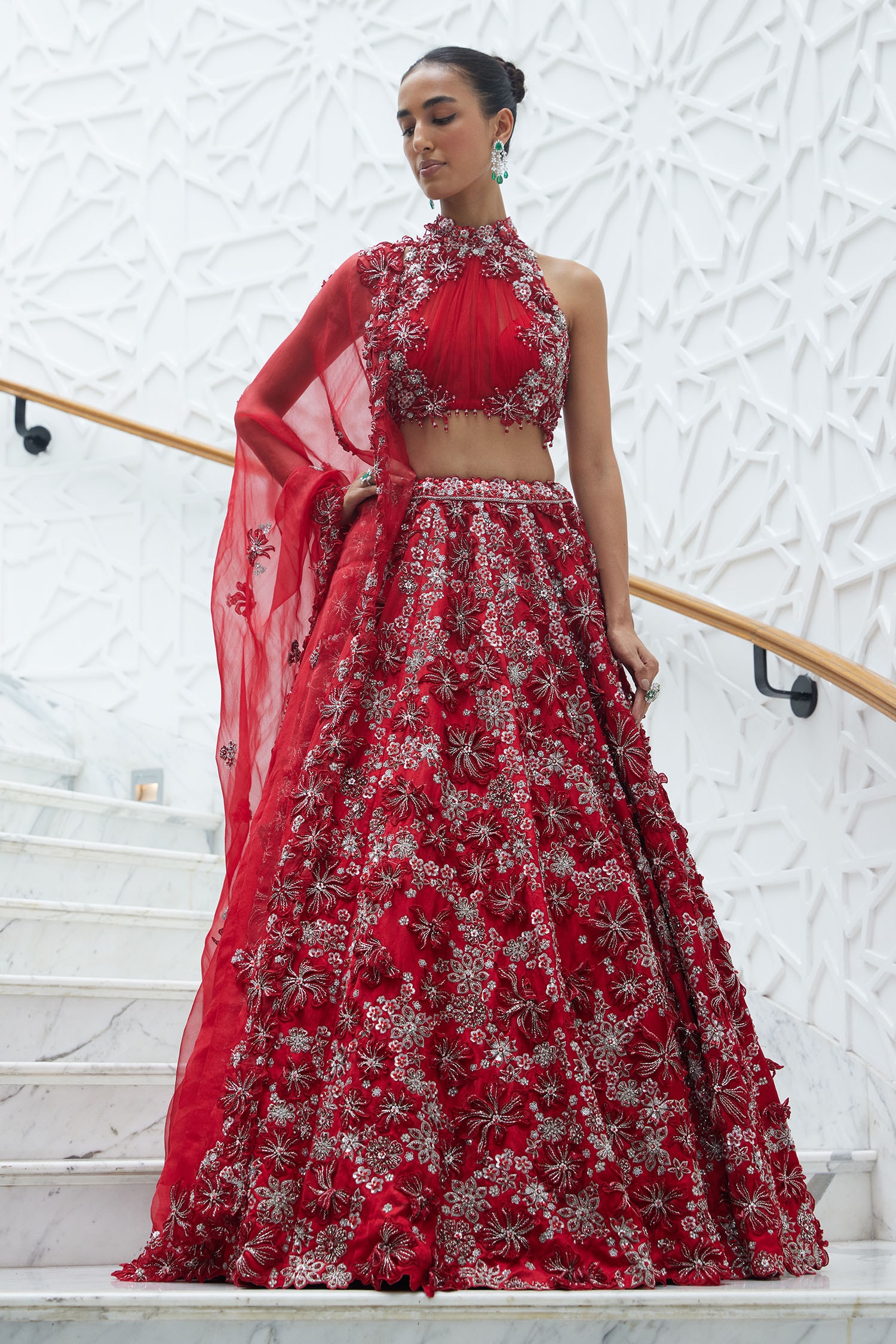 Buy Nitika Gujral Red Raw Silk D Rafflesia Bloom Embellished Lehenga