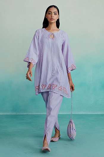 DPD001-Blue short kurti with tulip pant in bandhini pattern and necklace