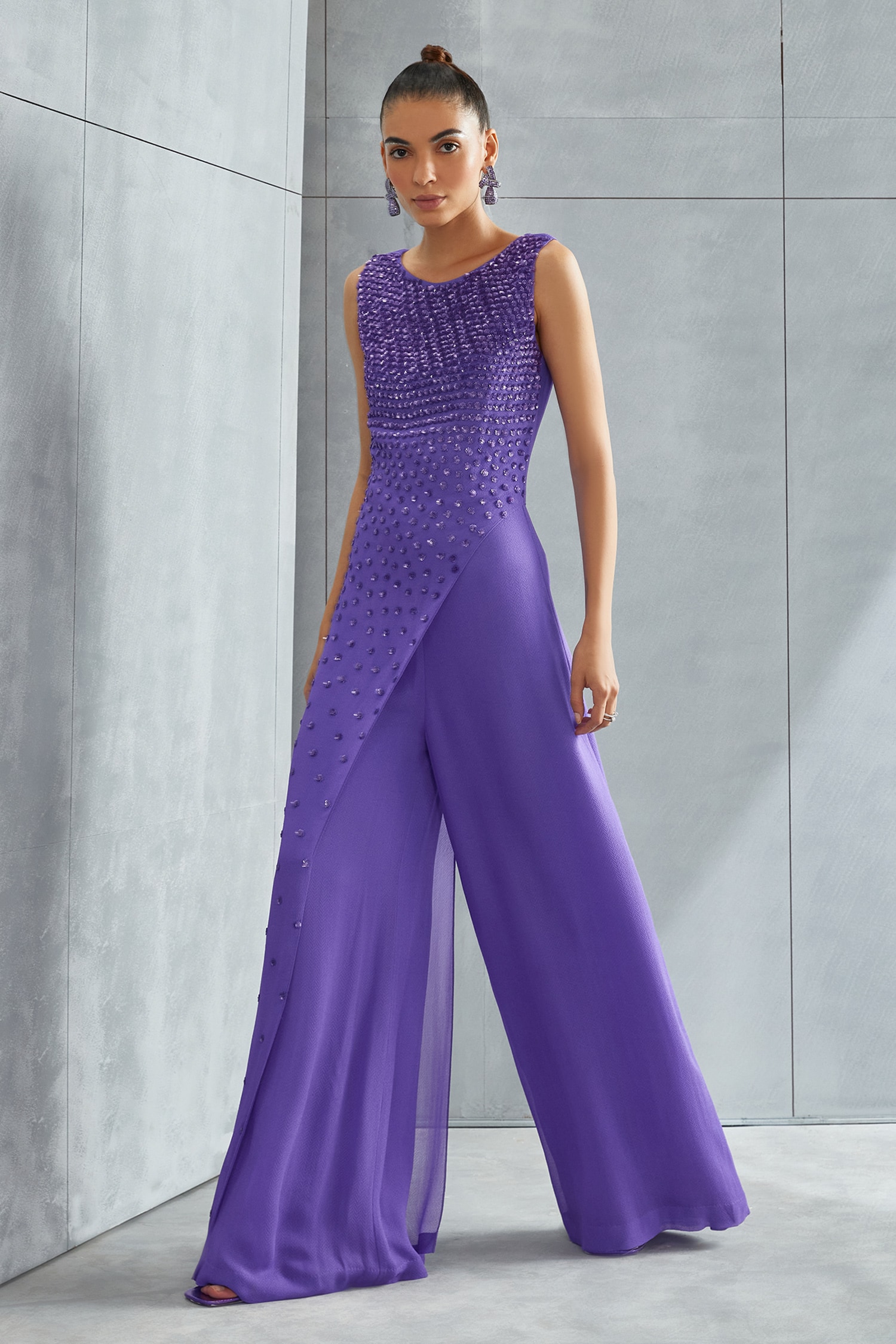 Buy Purple Embellished Sequin Round Thyme Overlap Jumpsuit