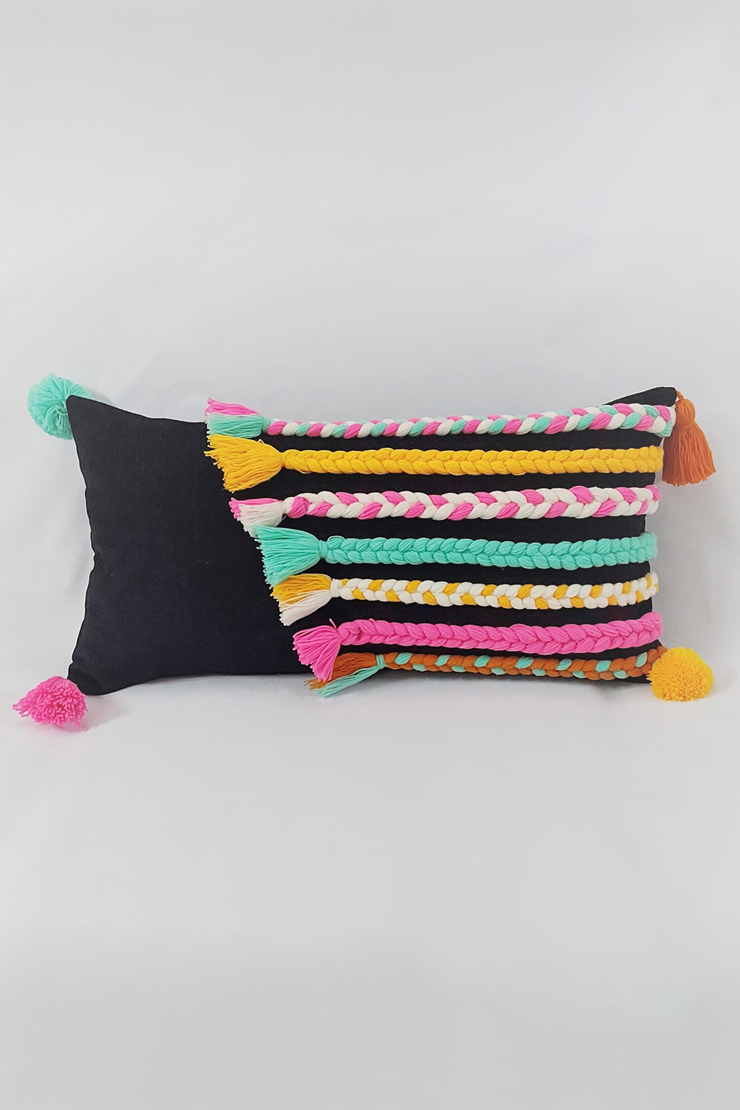 Buy Black Cotton Embroidered Braided Tassel Cushion Cover by