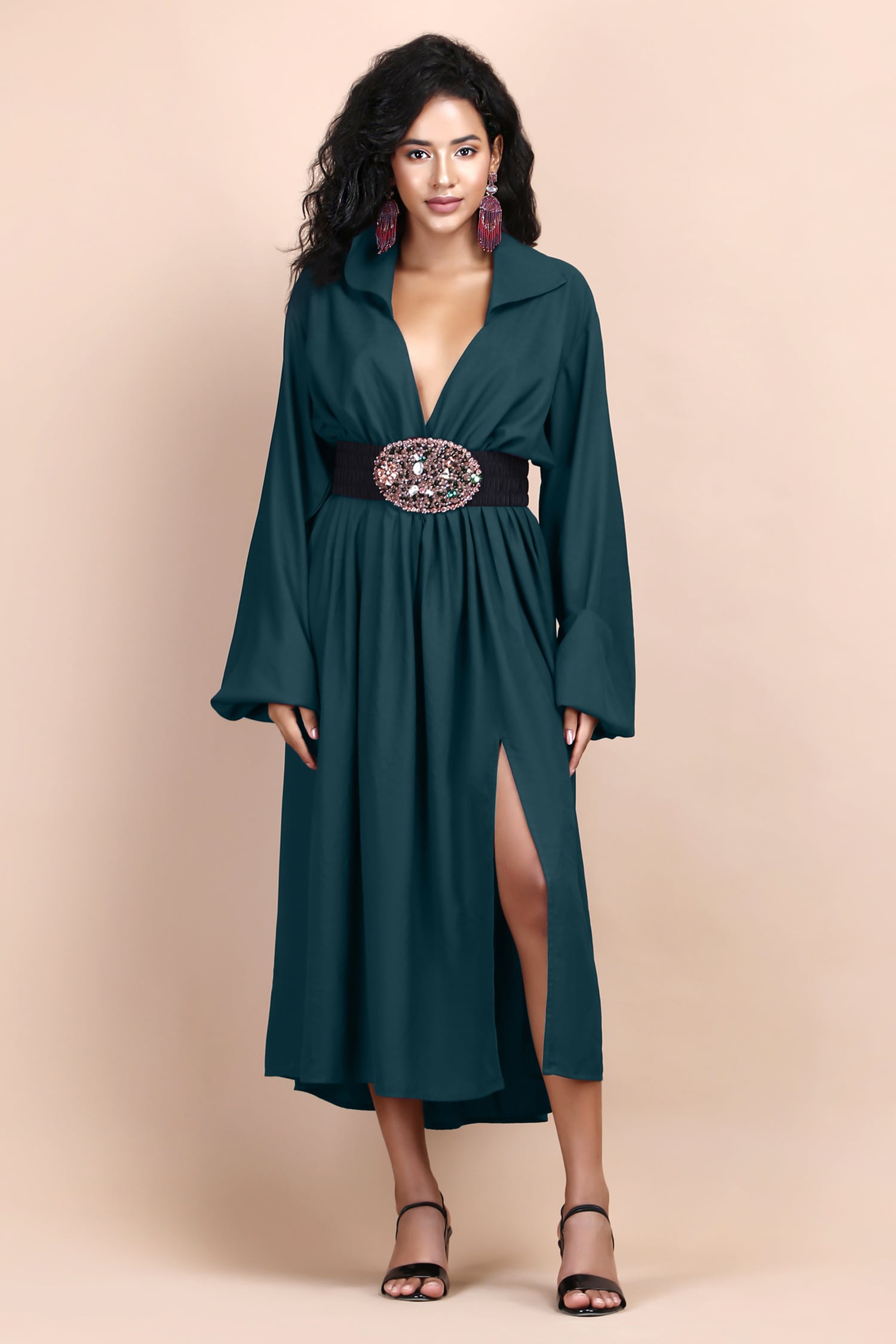 Buy Green Pure Silk Georgette Collar Deep V Neck Dress With Belt For ...