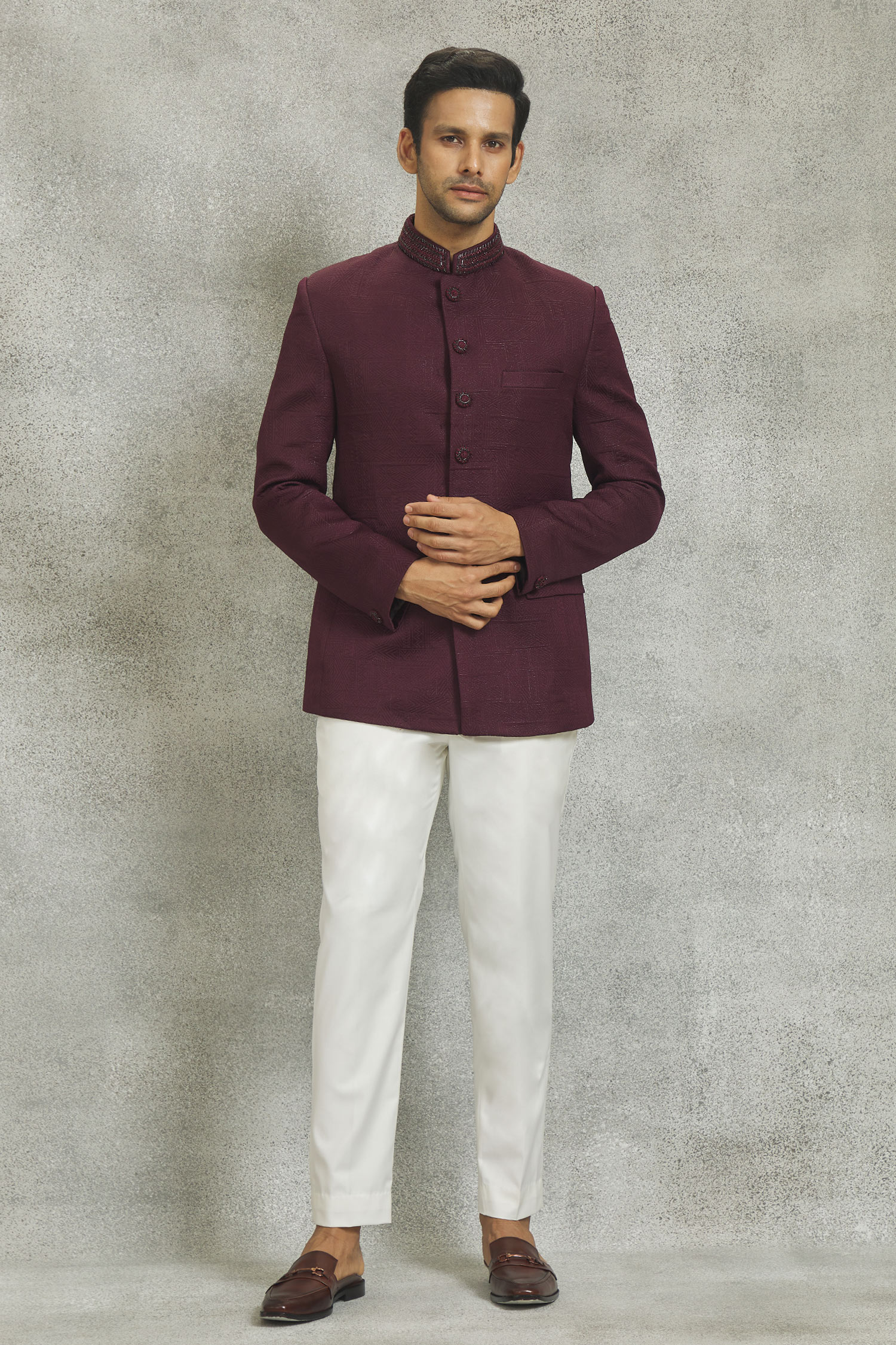 Buy Nero By Shaifali And Satya Maroon Jacquard Jodhpuri And Trouser Set Online Aza Fashions