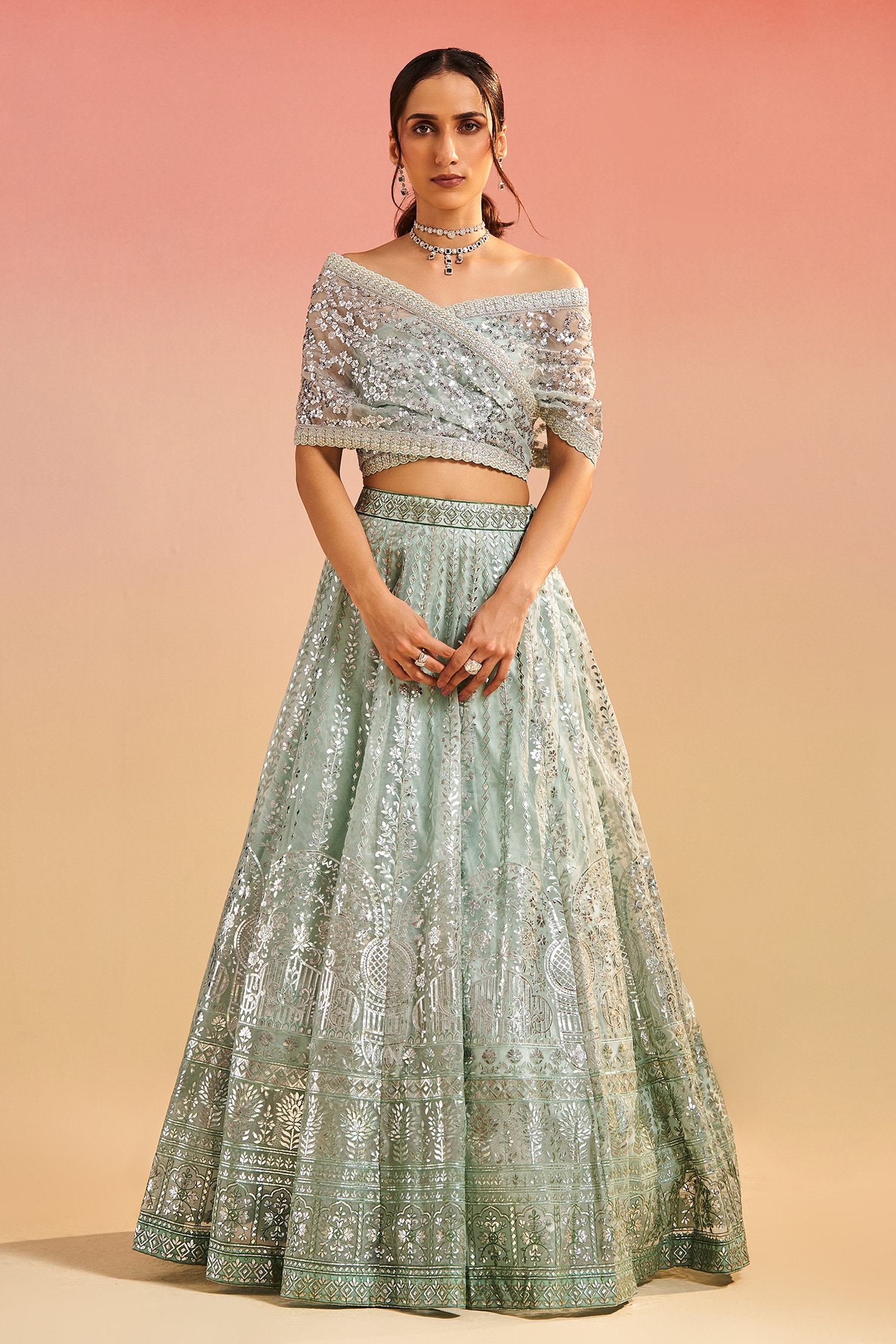 Studio Iris India Green Organza Moina Floral Foil Embroidered Lehenga With Blouse