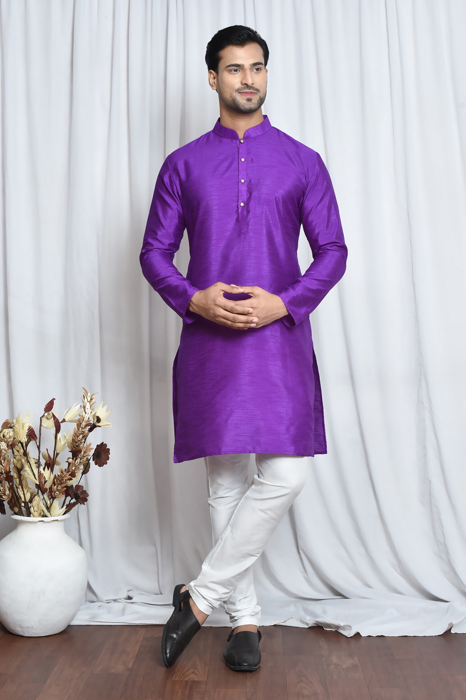 Buy Purple Silk Plain Solid Mandarin Collar Kurta For Men by Aryavir