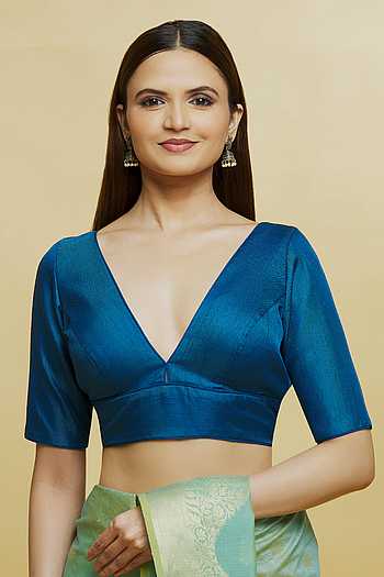 Blue Raw Silk Plunging Sweetheart Neckline Blouse With Back Deep Cut-Out