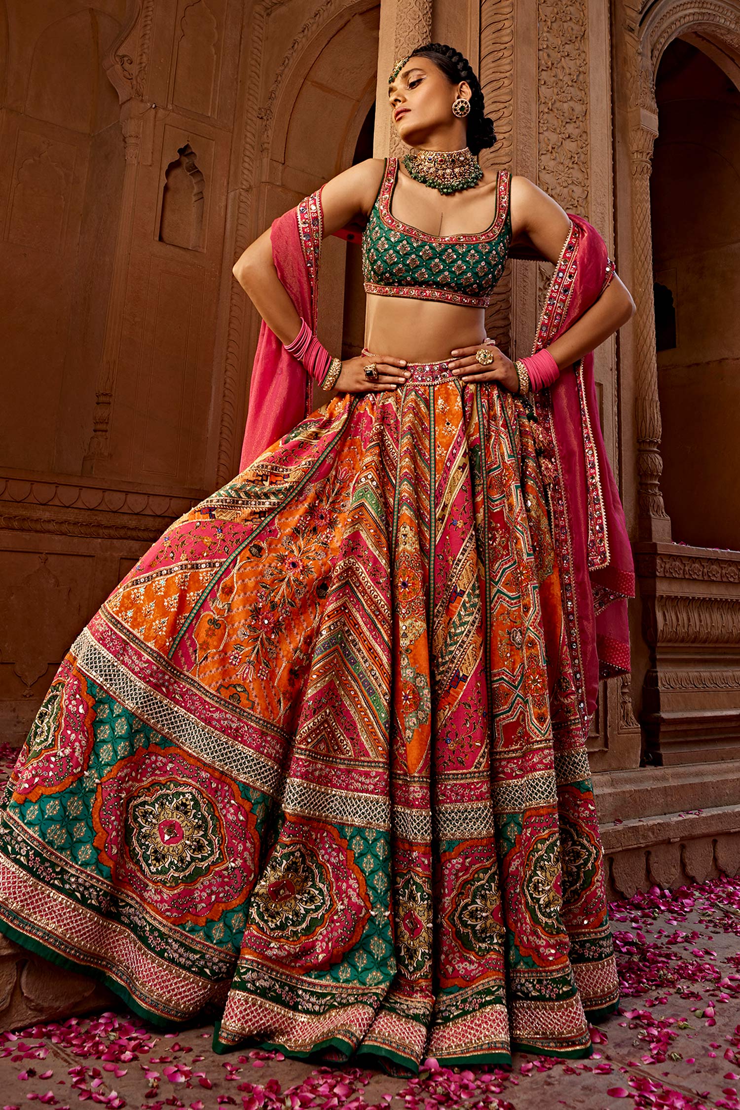 Green Lehenga with Choli and Open Gown Bridal Dress – Nameera by Farooq