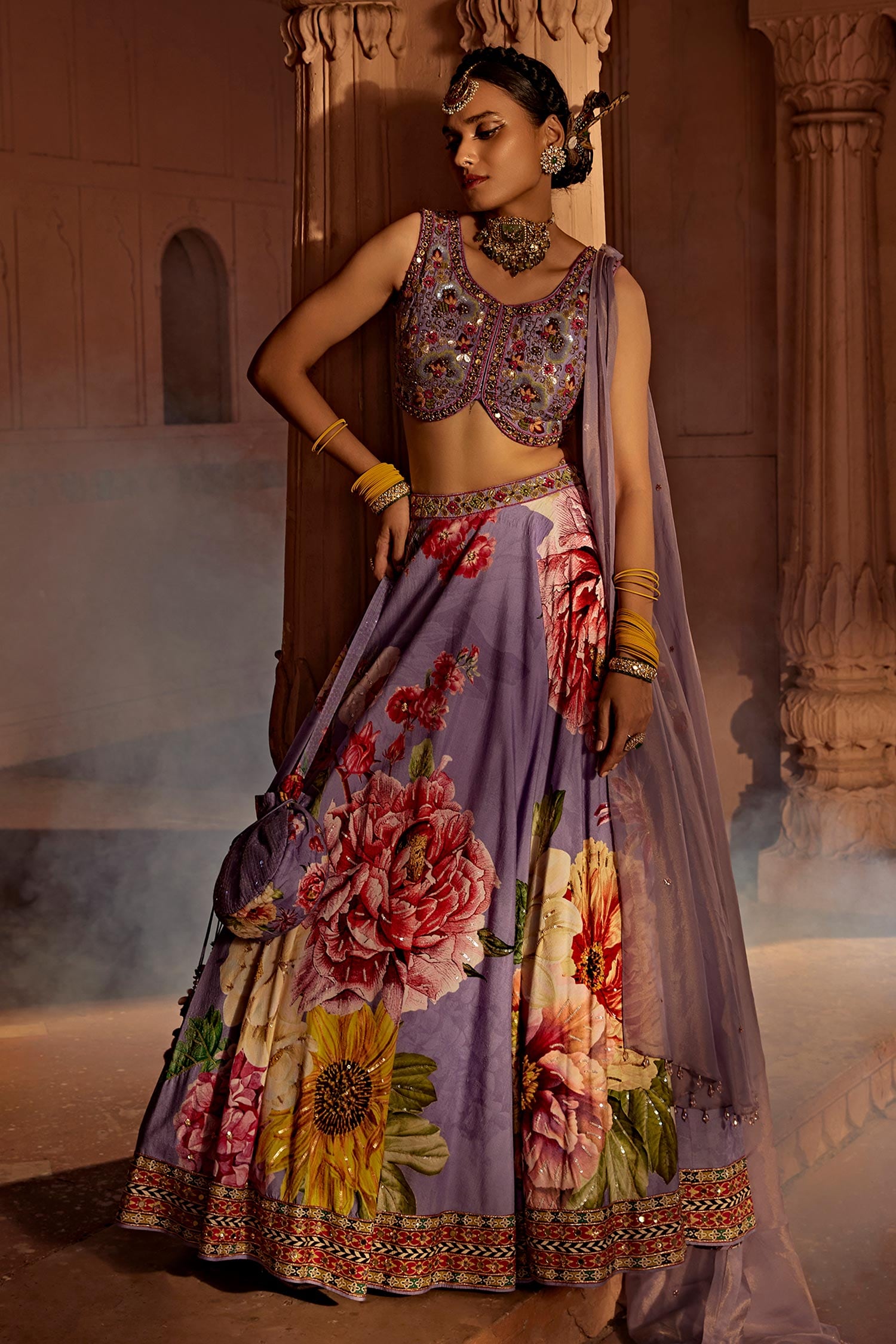 Buy Peach Raw Silk Printed And Hand Embroidered Floral Shirin Lehenga Set  For Women by Kalista Online at Aza Fashions.