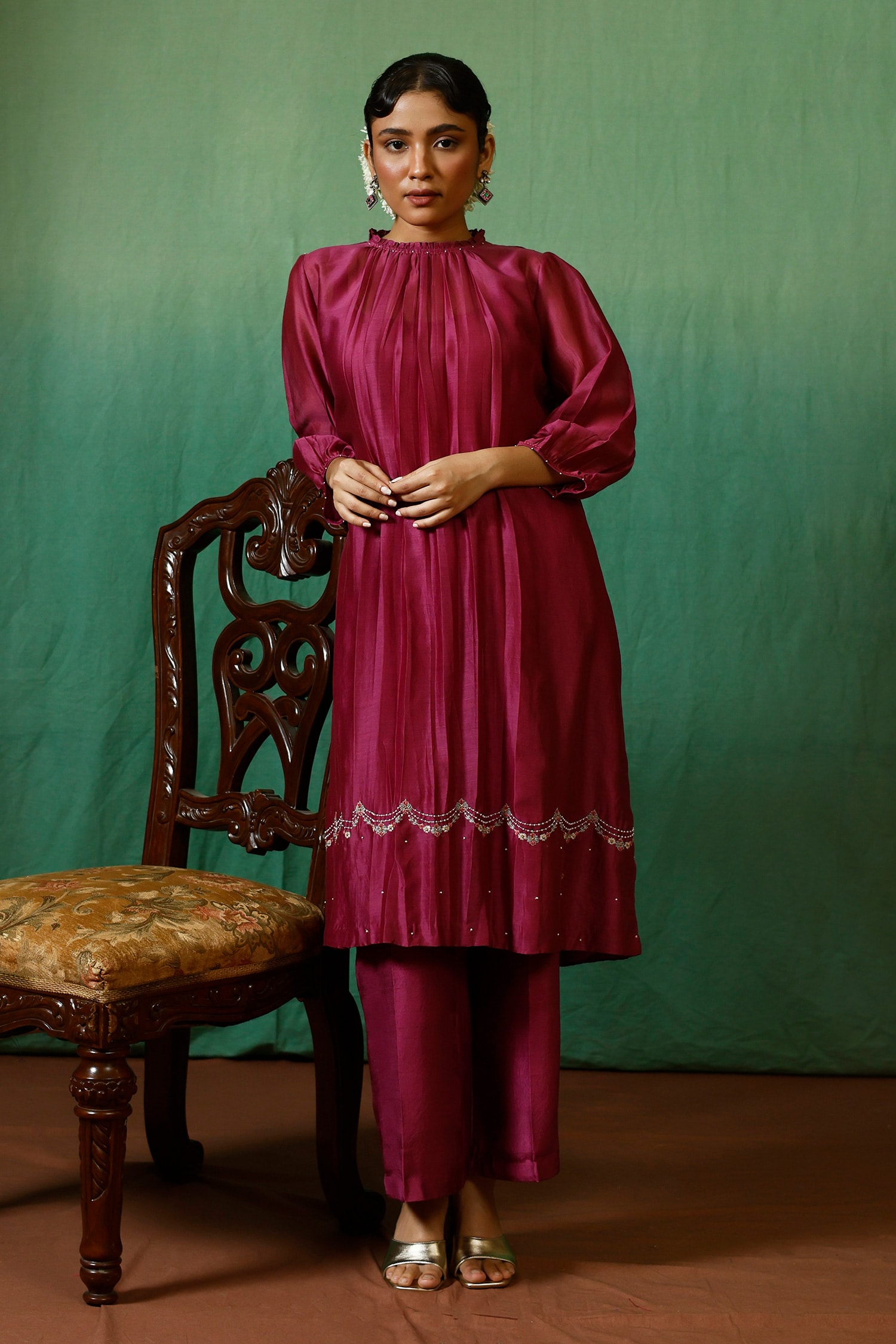 Chokhi Chorri Magenta Kurta: Silk Chanderi Embroidered Turmali A-line And Pant Set For Women