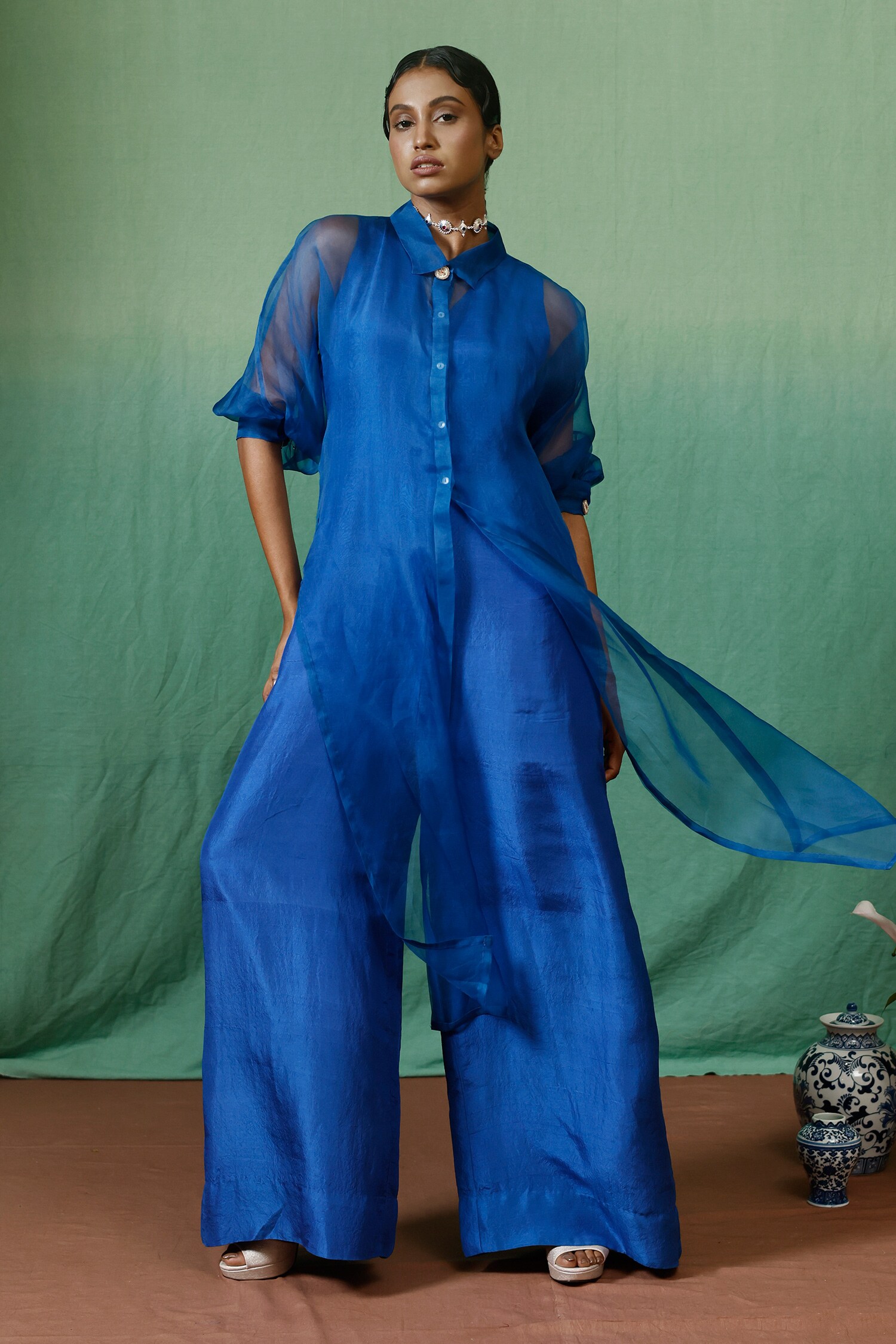 Buy Blue Jacket Silk Organza Embroidered Sequin Kamak And Jumpsuit Set