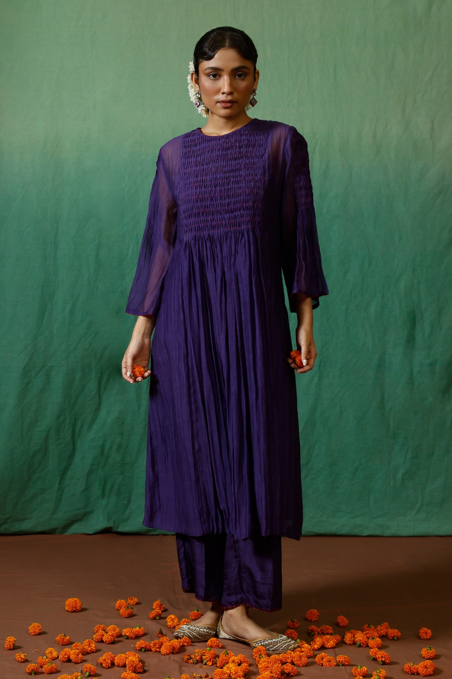 Buy Purple Kurta Malai Chanderi Embroidered Jamuni Gathered And Pant