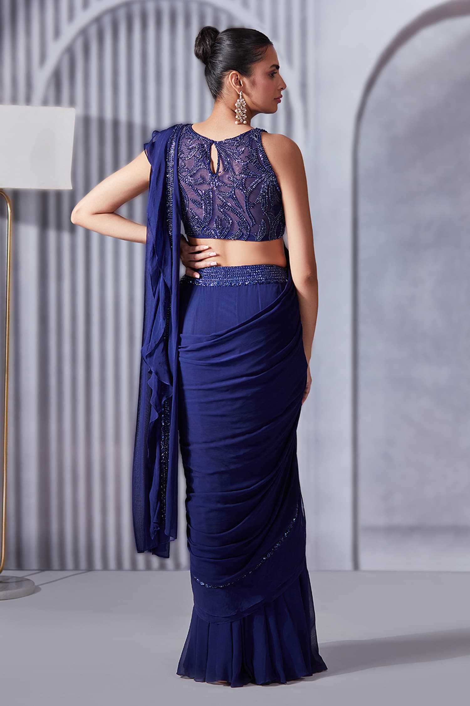 Buy Blue Saree Georgette And Organza Border Pre-draped Ruffle With Blouse  For Women by Pritika Vora Online at Aza Fashions.