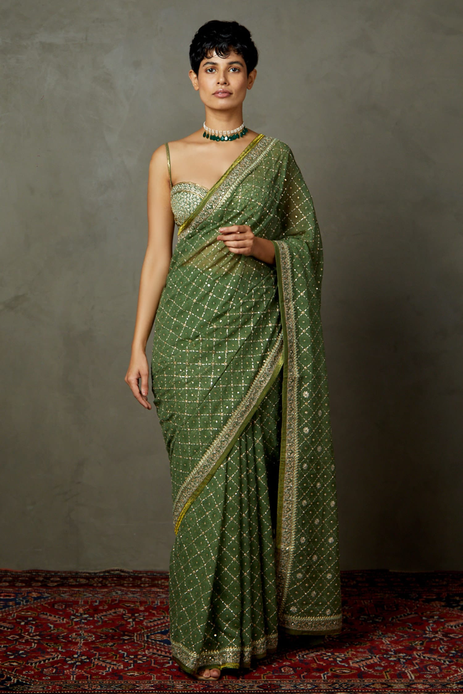 RI.Ritu Kumar Green Shimmer Aari Embroidered Saree With Unstitched Blouse Piece For Women