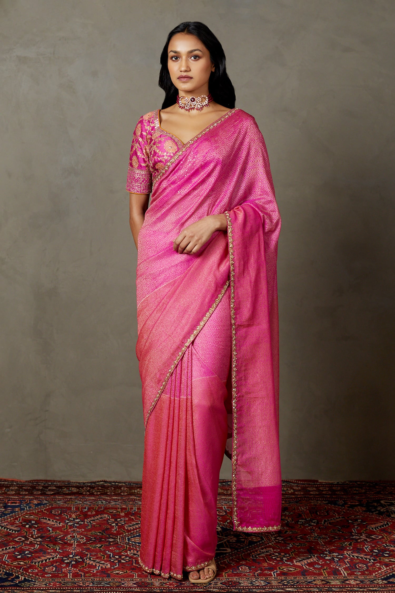 RI.Ritu Kumar Fuchsia Nilambari Silk Printed Zari Saree With Embroidered Blouse For Women