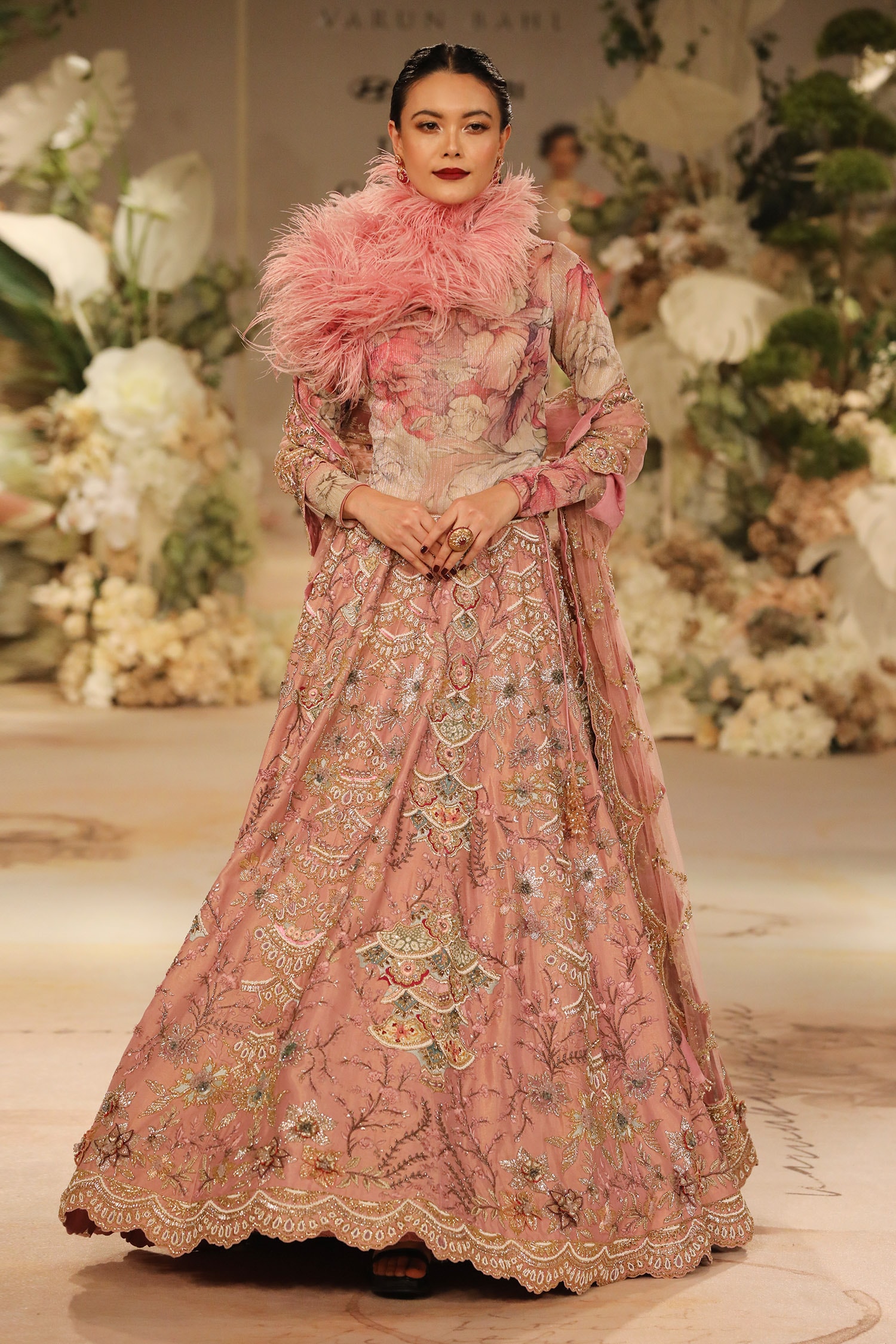 Buy Pink Lurex Print Floral Caviar Beads Embroidered Lehenga Set For