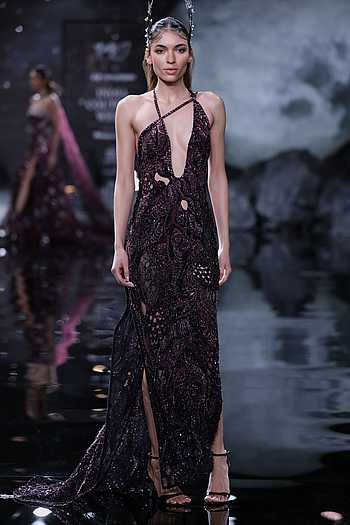 Buy Black Tulle Crystals, Sequins, Beads Plunge Neck Iris