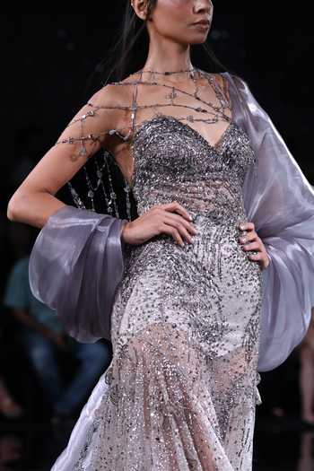 Buy Grey Tulle Sequins, Beads, Crystals Asymmetric Helena