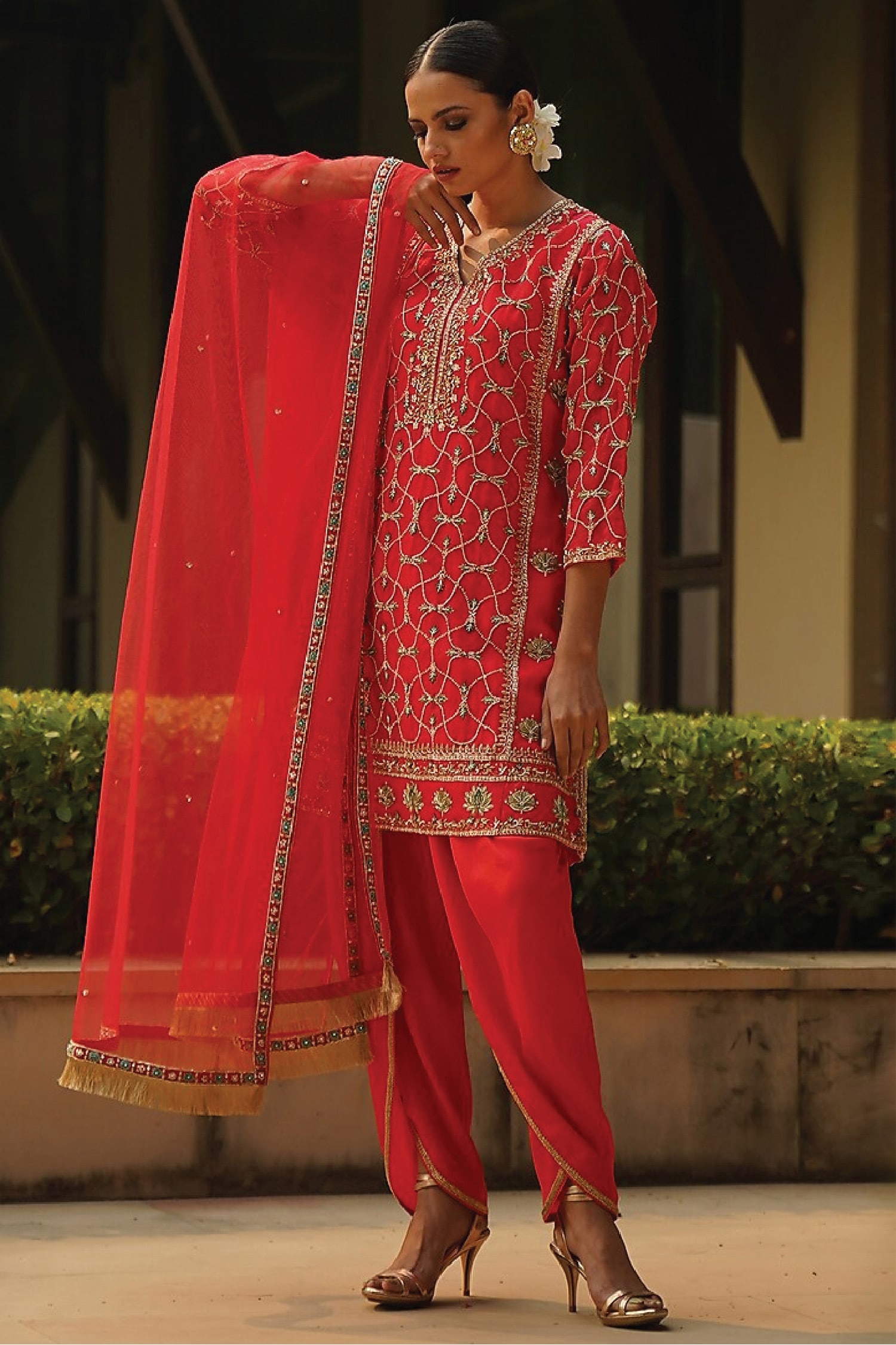 Buy Coral Silk Embroidered Zardosi V Neck Organza Kurta Dhoti Pant For ...